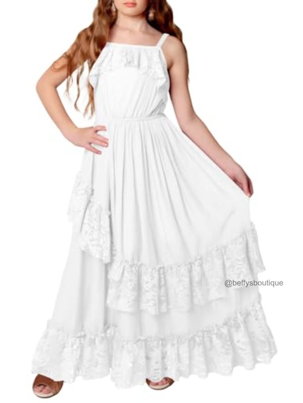 Girls Boho Maxi Dress Square Neck Sleeveless Tulle Flower Trim Formal